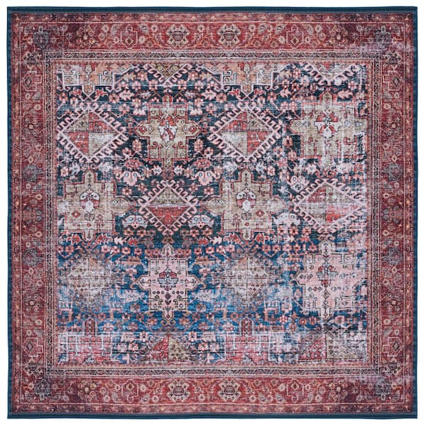 SAFAVIEH Tucson Navy/Rust 4 ft. x 4 ft. Machine Washable Border Geometric Floral Square Area Rug