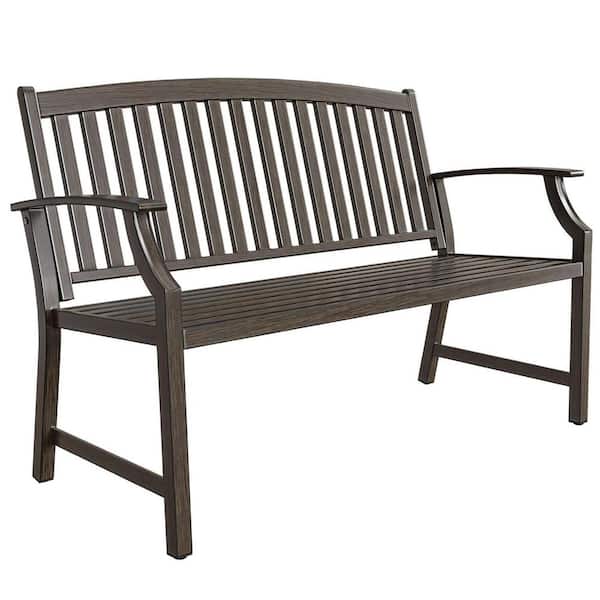 Outdoor Garden 52 in. 2-3 people Brown Anti-Rust Aluminum Powder Coated Frame Faux Wood Grain Finish Patio Bench