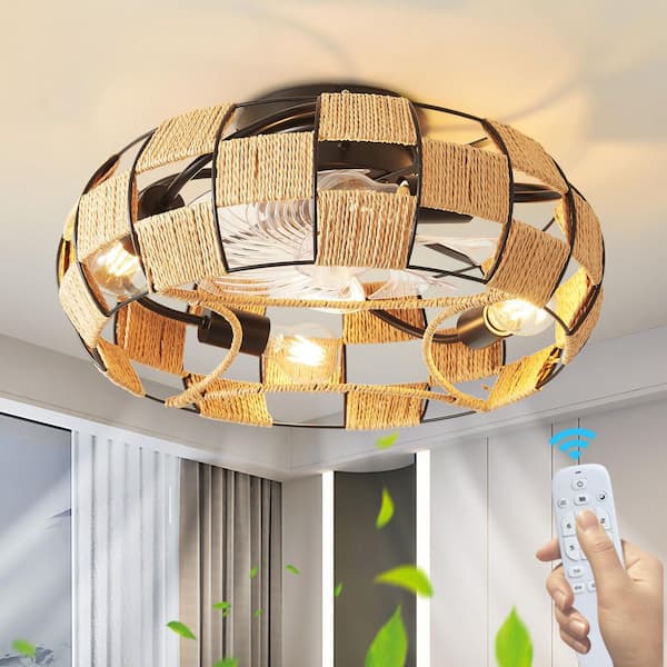 Deyidn Modern 19.68 in. 4-Lights Black Indoor Rattan Hemp Rope Flush Mount Ceiling Fan Low Profile Ceiling Fan with Remote