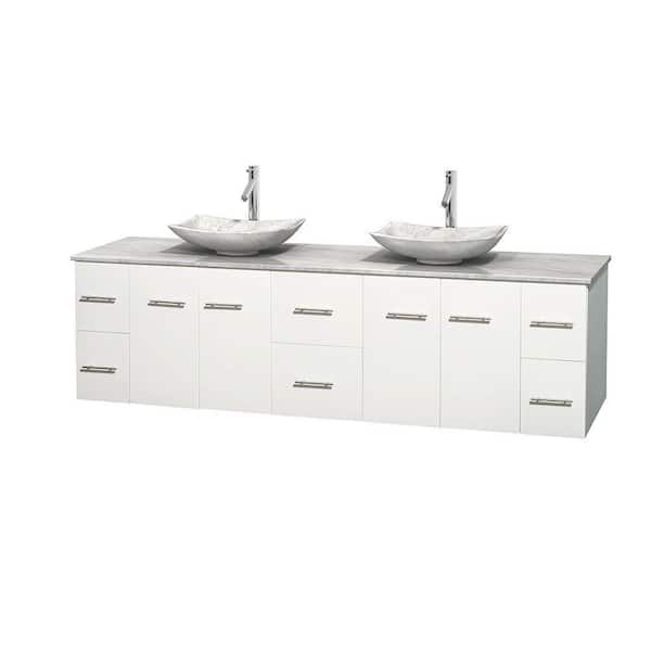 Wyndham Collection Centra 80 in. Double Vanity in White with Marble Vanity Top in Carrara White and Sinks