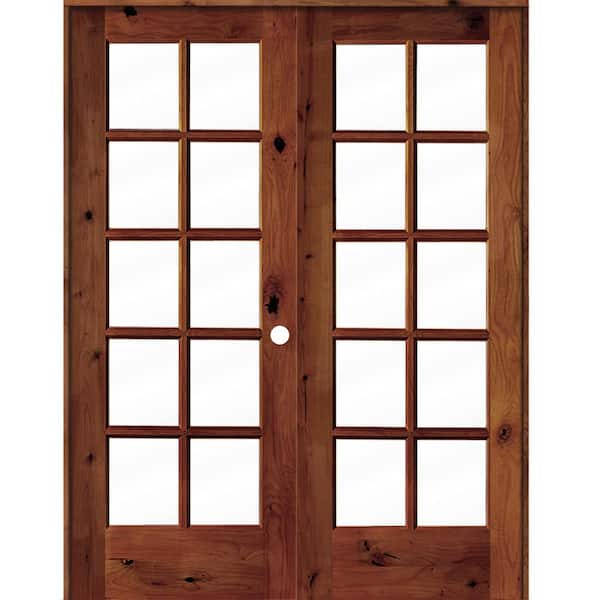 56 in. x 80 in. Knotty Alder Right-Handed 10-Lite Clear Glass Red Chestnut Stain Wood Double Prehung French Door
