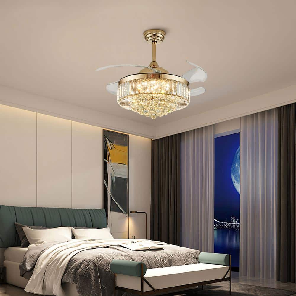 42-Inch Gold Crystal Retractable Ceiling Fan with LED Light and Remote