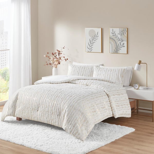 Intelligent Design Alaia 3-Piece White/Gold Polyester King/Cal King Comforter Set