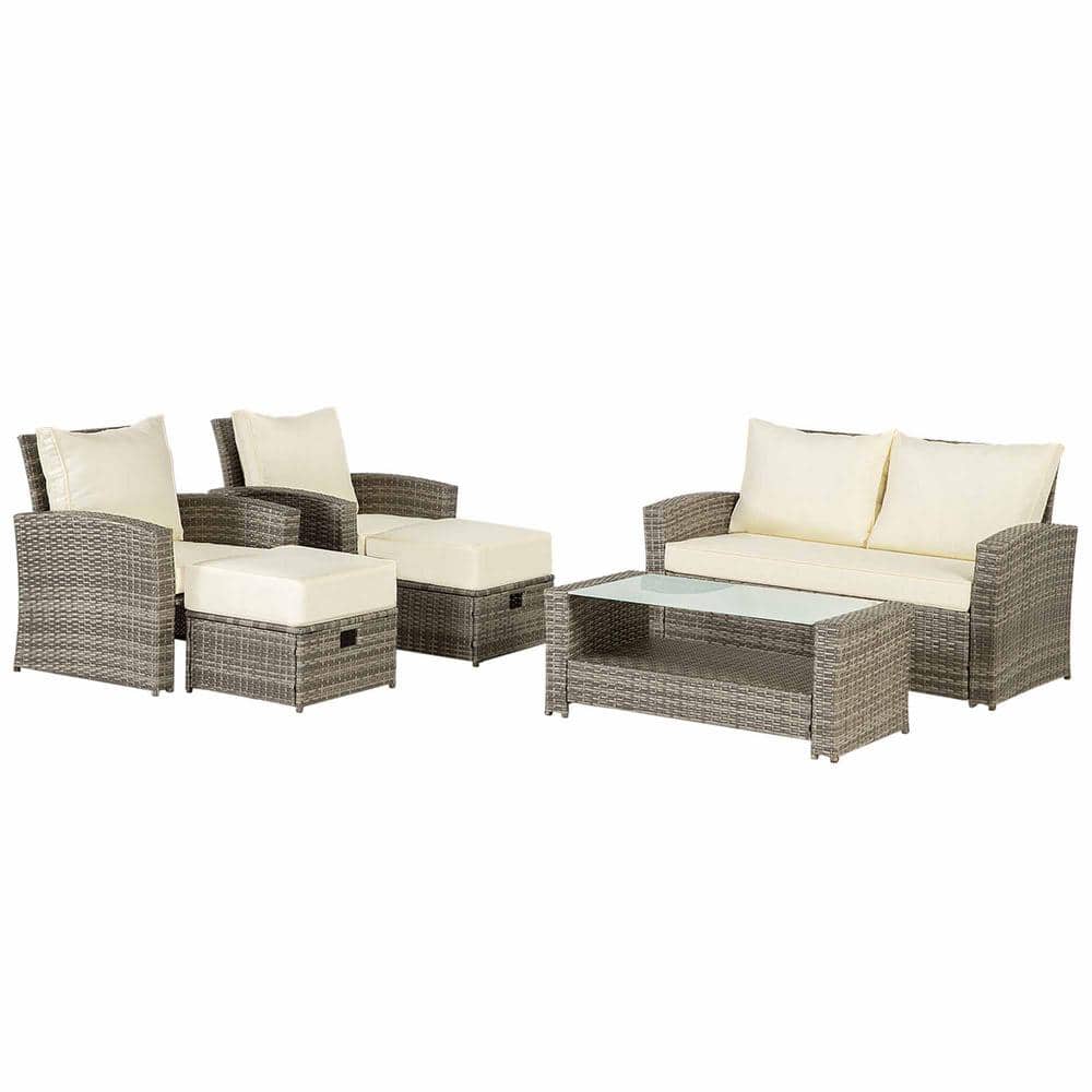 6-Piece Wicker Outdoor Sofa Sectional Set with Washable Beige Cushions