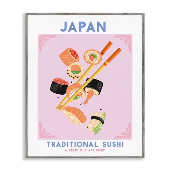 Stupell Industries Japanese Traditional Sushi by Omar Escalante Gray Framed Food Giclee Art Print 14 in. x 11 in.