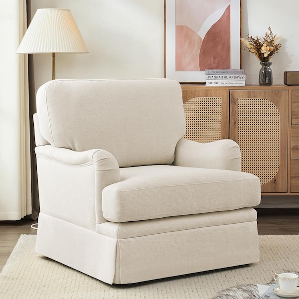 32 in. W Beige Fabric 360° Swivel Accent Chair Modern Upholstered Armchair Metal Base Barrel Sofa Chair