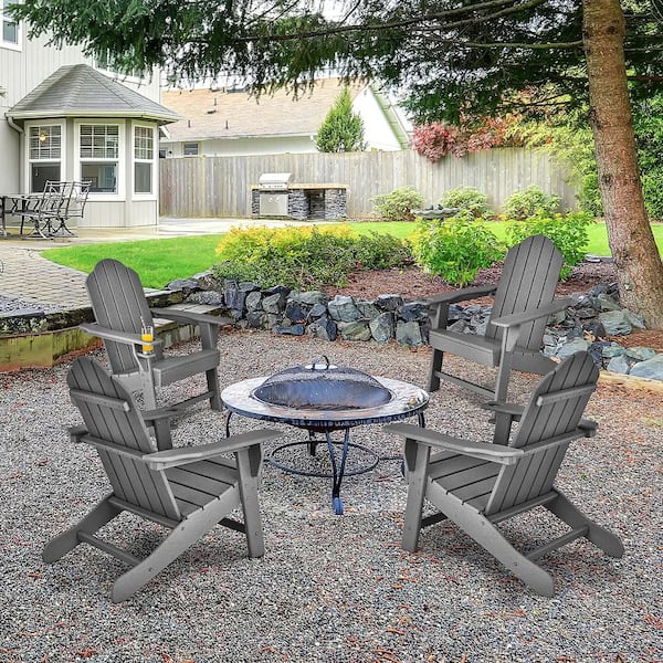 4-Piece Grey Patio Plastic Adirondack Chair Weather Resistant Garden Deck with Cup Holder