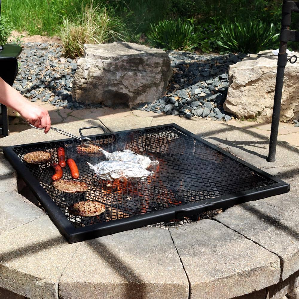 Heavy-Duty Black Steel Square Fire Pit Cooking Grill with Handles