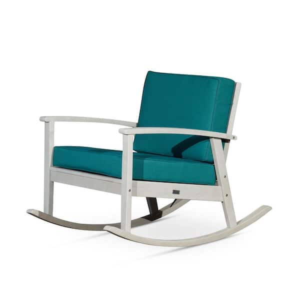 Driftwood Gray Wood Outdoor Rocking Chair with Dark Green Cushion Durable Construction