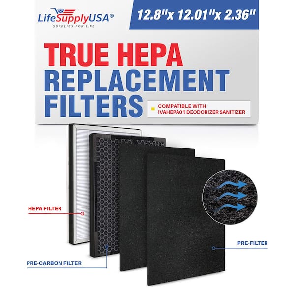 LifeSupplyUSA Complete Filter Set(1-True HEPA Filter Plus 1-Charcoal Plus 2-Carbon Filters) Compatible w/ Ivation IVAHEPA01 Deodorizer