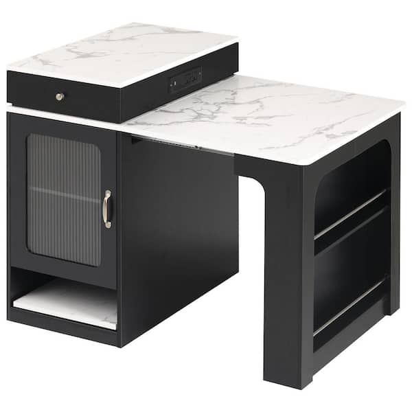 Runesay Modern Black Wood 59.5 in. Power Outlet Kitchen Island
