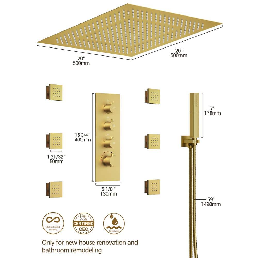 Brushed Nickel LED Rain Shower System with Handheld Spray and Massage Jets