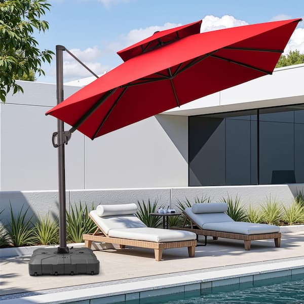 11 ft. x 11 ft. Double Top Cantilever Tilt Patio Umbrella in Red with 260 lbs. Base Stand