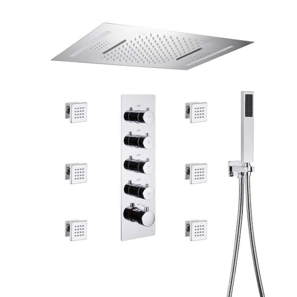 4-Spray 23 in. Dual Shower Head and Handheld Shower Head Ceiling Mount 2.5 GPM with 6-Body Jets, LED, and Music, Chrome