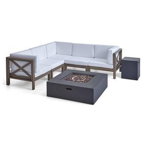 Brava Grey 7-Piece Wood Patio Fire Pit Sectional Seating Set with White Cushions