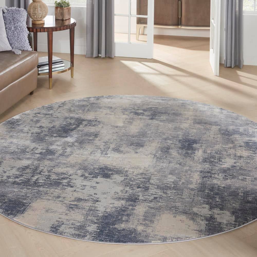Round Blue and Ivory Abstract Area Rug 7'10"
