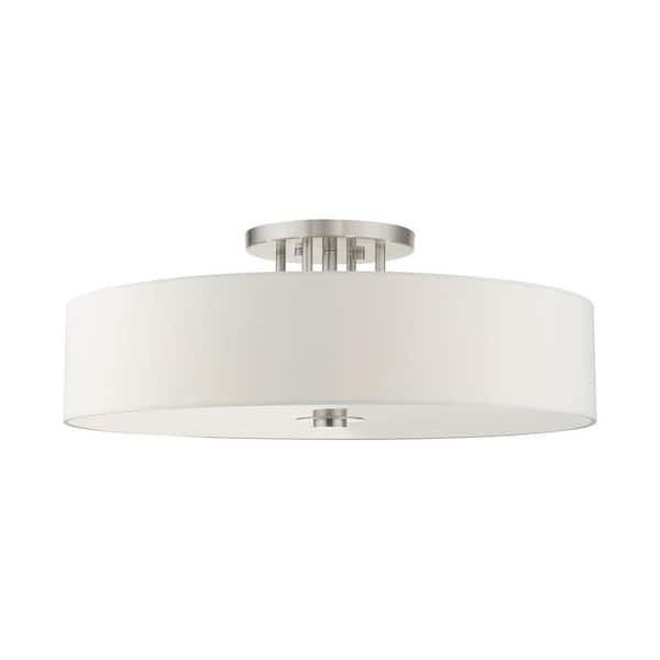 Mercury 30 in. 6-Light Brushed Nickel Semi Flush Mount with Off-White Fabric Shade