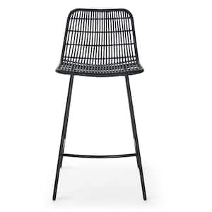 34 in. Black Rustic Natural Rattan Indoor Bar Stool with Black Steel legs with Seat (Set of 2)