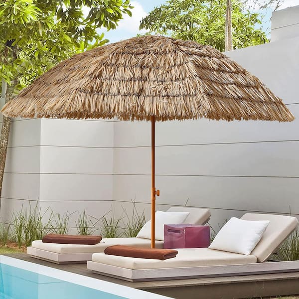 Unbranded 8 ft. Thatched Patio Beach Straw Umbrella with Tropical Raffia, Hawaiian Hula Beach Umbrella