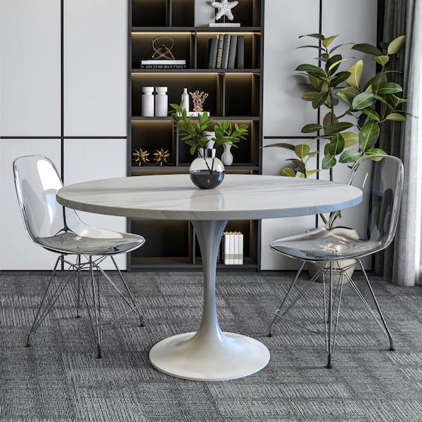 White Round Marble 48 in. Tabletop Pedestal Dining Table Seats 6 Verve Collection