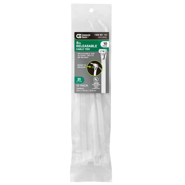 8in Reusable Releasable UL 21 Rated Cable Zip Ties 10 Pack Natural (White)