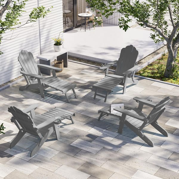 JOYESERY Gray Folding Adirondack Chair with Retractable Ottoman, HIPS Adirondack Chair with Cup Holder (Set of 4)