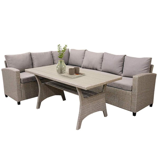 FORCLOVER Brown Wicker Outdoor Sectional Set with Brown Cushions and Poly Wood Top Table