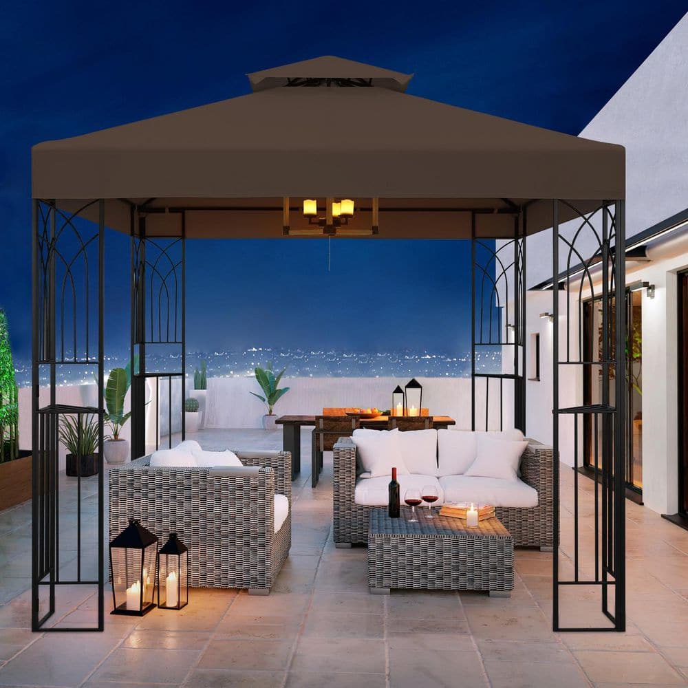8 ft. x 8 ft. Brown Outdoor Garden Gazebo with Built-in Ceiling Hook, Corner Shelves, and 2-Tier Vented Soft Top Roof price history on PriceWatchPro