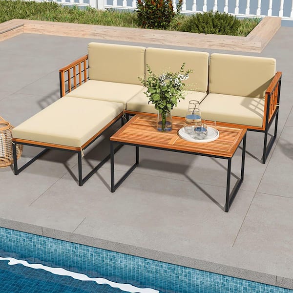 5-Pieces Patio Furniture Set Acacia Wood Sectional Set with Beige Cushions, Heavy and Duty Metal Frame