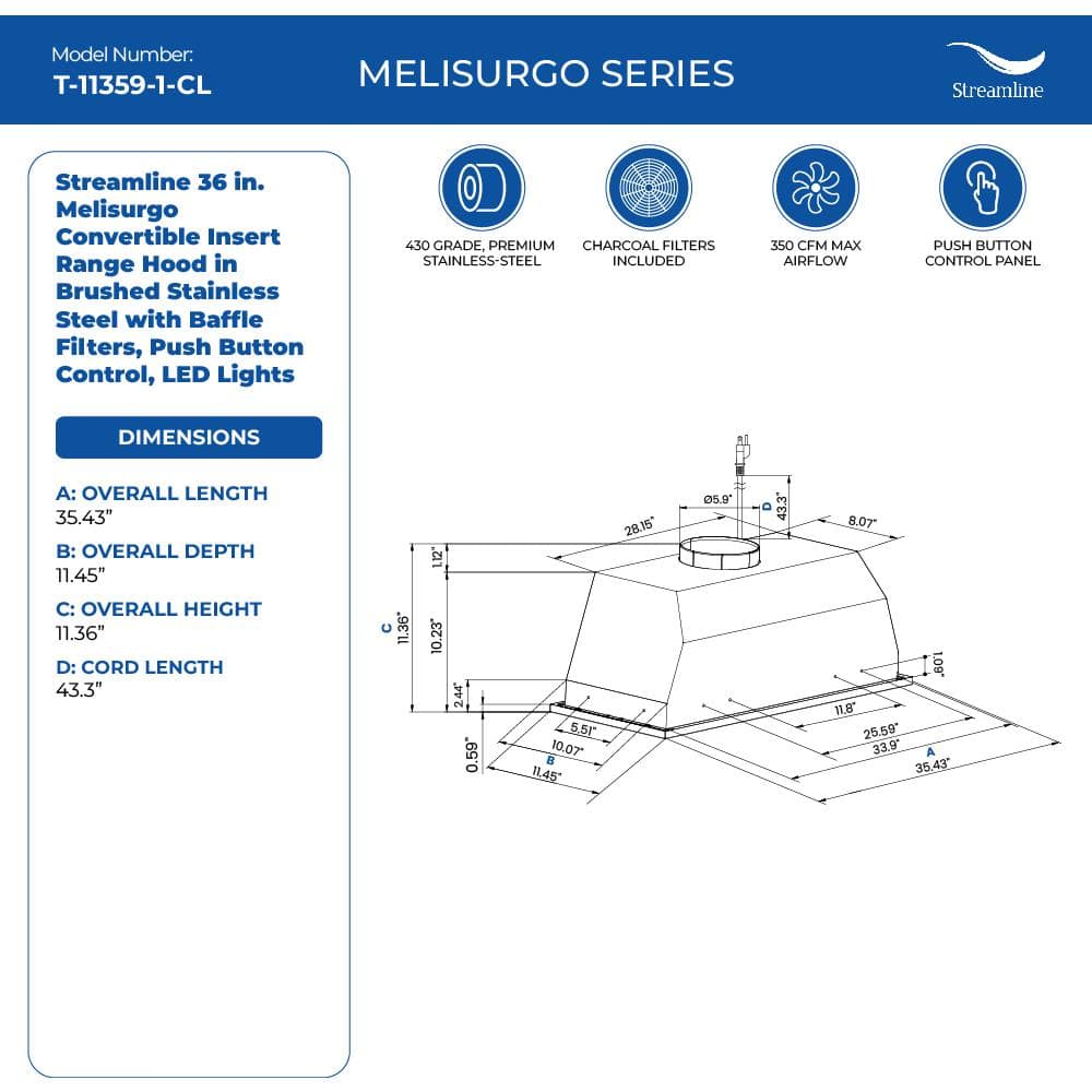 Streamline 36-Inch Stainless Steel Convertible Insert Range Hood