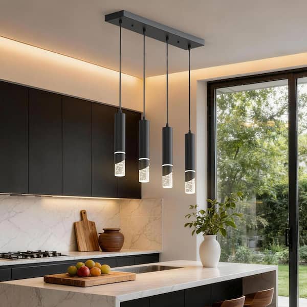 4-Light Black Modern Integrated LED Mini Pendant Light, Metal and Glass Ceiling Lighting for Kitchen Island and Bedroom