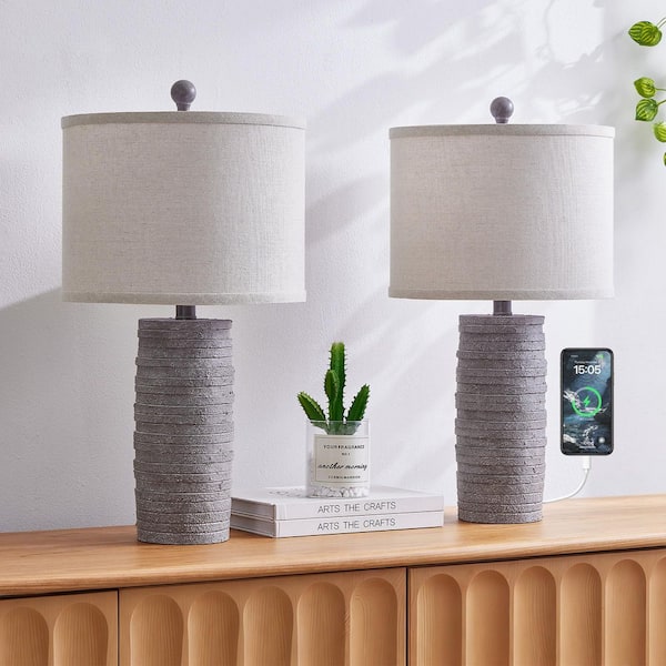 Salem 23 in. Dark Brown Modern Dimmable Resin Bedroom Living Room Bedside Desk Nightstand Table Lamps USB Port(Set of 2)