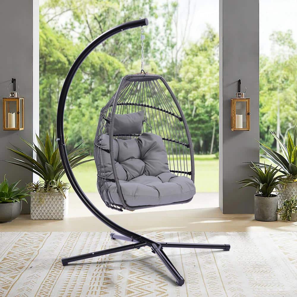 Outdoor Patio Wicker Folding Hanging Chair, Rattan Swing Hammock Egg Chair 