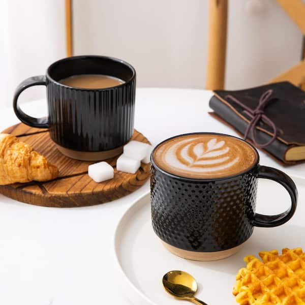 Numhew 12 oz. Neutral Stoneware Coffee Mugs with Texture Patterns (Set of 4), Microwave, Stackable Modern Drinkware, in Black