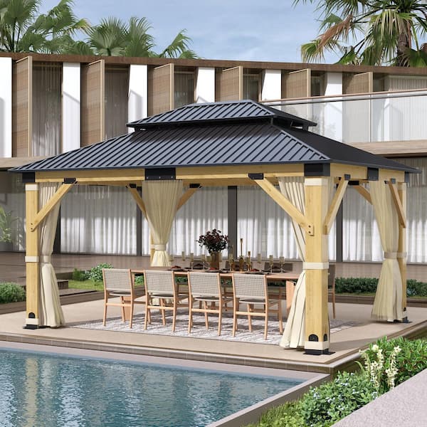 13 ft. x 15 ft. Outdoor Patio Wood Frame Gazebo, Double Galvanized Steel Roof Hardtop Gazebos with Netting and Curtains