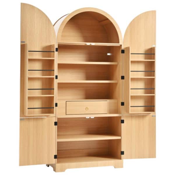 72 in. Tall Arched Kitchen Pantry Cabinet with Fluted Doors, 3 Adjustable Shelves, Hidden Drawer, Natural