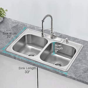 18 Gauge Stainless Steel 33 in. Double Bowl Drop-In Kitchen Sink with Bottom Grid