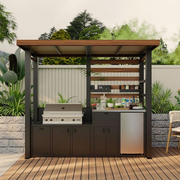 Outdoor Kitchen Modular Natural Gas Grill Island in Black with Stainless Steel Tabletop, Galvanized Steel Construction
