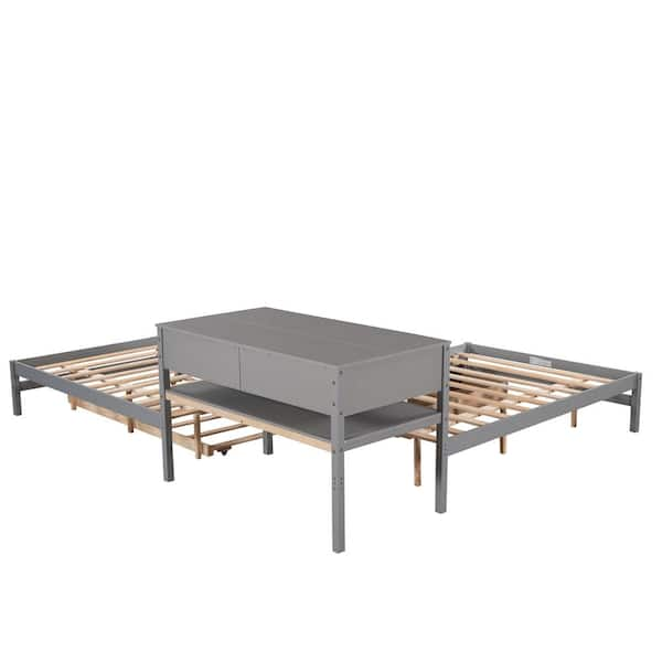 GOSALMON 135 in. W Gray Full Wood Frame L-Shaped Platform Beds