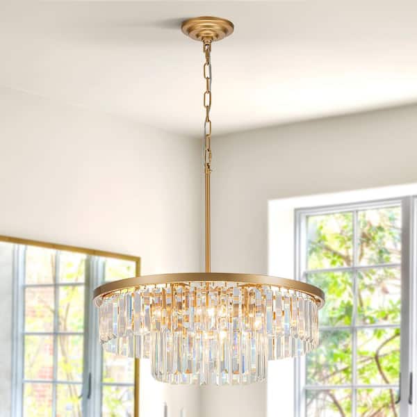 6-Light Gold Crystal Round Chandelier with Adjustable Chain, Glam Tiered Pendant Light for Dining Room or Foyer