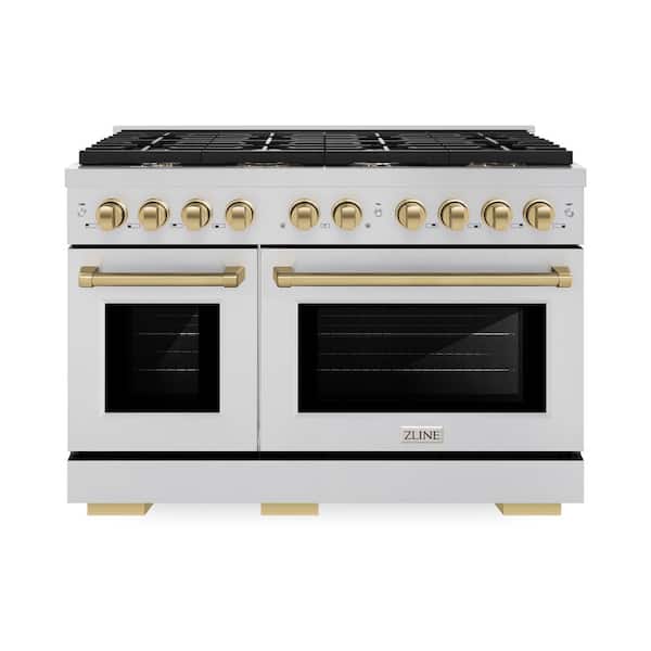 Autograph Edition 48 in. 8 Burner Freestanding Gas Range & Double Convection Oven in Stainless Steel & Champagne Bronze