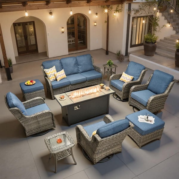 Nerium C 10-Piece Wicker Outdoor Patio 54" Fire Pit Conversation Set with Swivel Rocking Chairs and Denim Blue Cushions