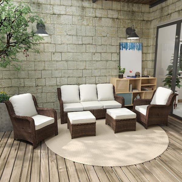 Zeus & Ruta Brown 5-Piece Wicker Outdoor Sectional Sofa Set Patio Conversation Set with Off White Cushions, Ottomans for Backyard