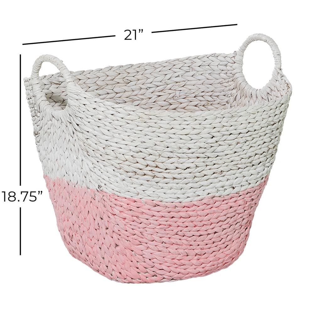 Round Seagrass 21'' Storage Basket with White and Pink Accents