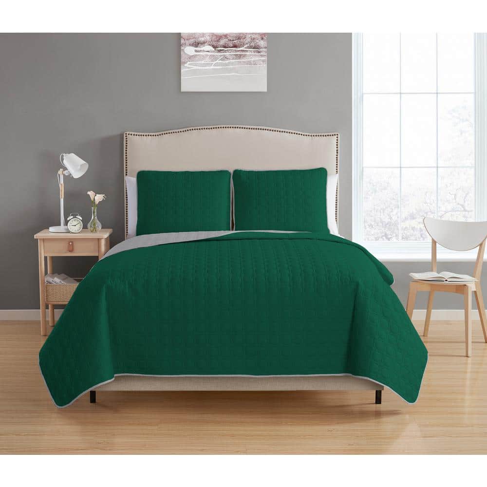 Bethany Reversible 3-piece Hunter Green/Grey Full/Queen Quilt Set