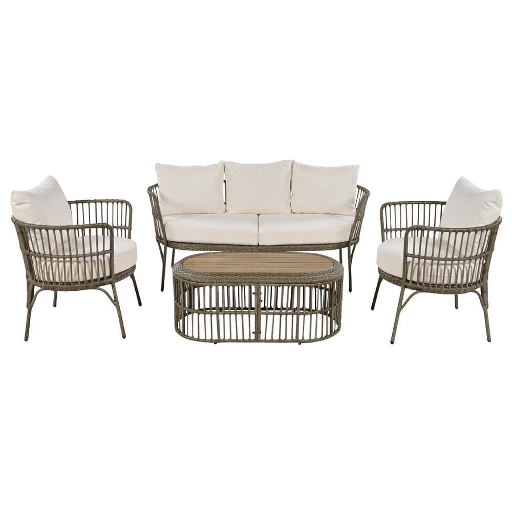 4-Piece Brown Wicker Patio Conversation Set, Sofa Set and Wooden Coffee Table with Beige Cushions