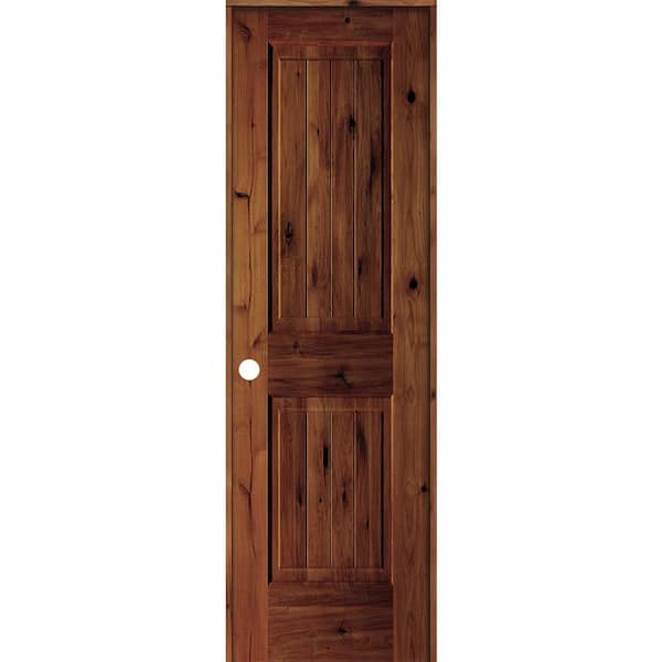 Krosswood Doors 24 in. x 80 in. Knotty Alder 2 Panel Right-Hand Sq. Top V-Groove Red Chestnut Stain Wood Single Prehung Interior Door