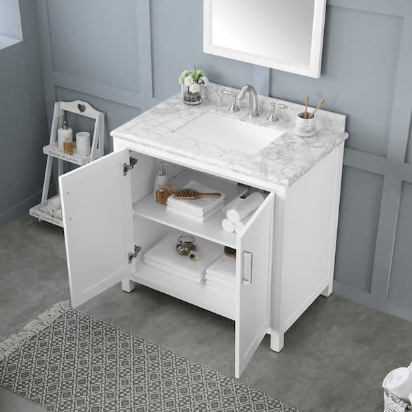 Home Decorators Collection Rockleigh 36 In W X 22 D Bath Vanity White With Marble Top Carrara Basin 36w The Depot Home Decorators Collection Rockleigh 36, Menards Bathroom Cabinets