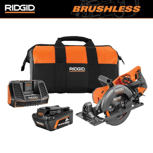 RIDGID 18V Brushless Cordless 7-1/4 in. Rear Handle Circular Saw Kit with 8.0 Ah MAX Output Battery, 18V Charger and Bag