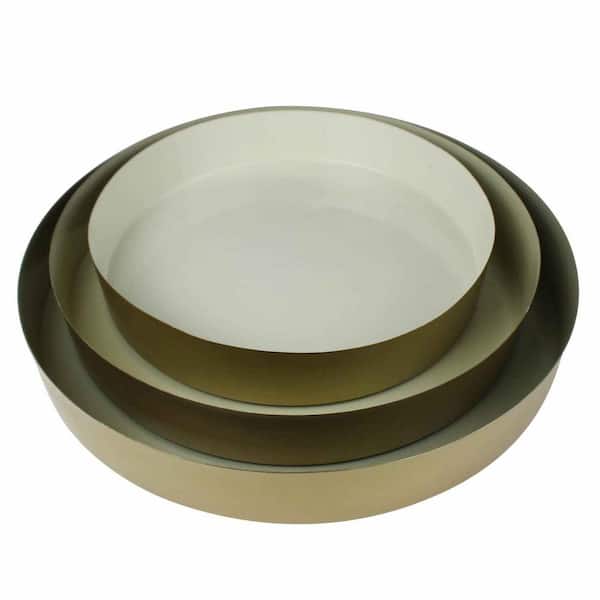 HomeRoots Amelia 16 in. W x 2 in. H x 16 in. D Round Gold/Beige Iron Dinnerware and Serving Storage (Set of 3)